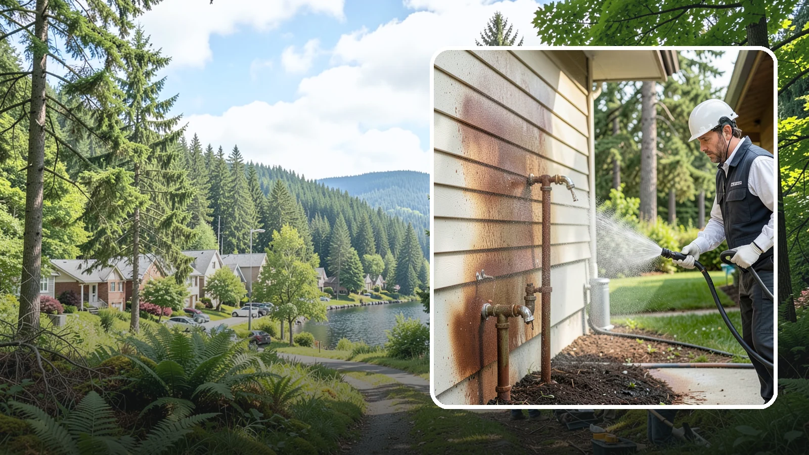 Irrigation Rust Removal in Lake Forest Park, King County, WA - Removal of rust stains left by sprinklers and iron-rich well water on concrete, siding, and fencing.