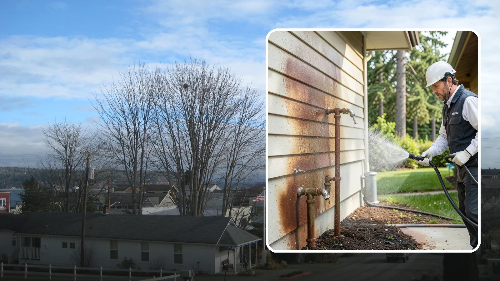 Irrigation Rust Removal in Langley, Island County, WA - Removal of rust stains left by sprinklers and iron-rich well water on concrete, siding, and fencing.