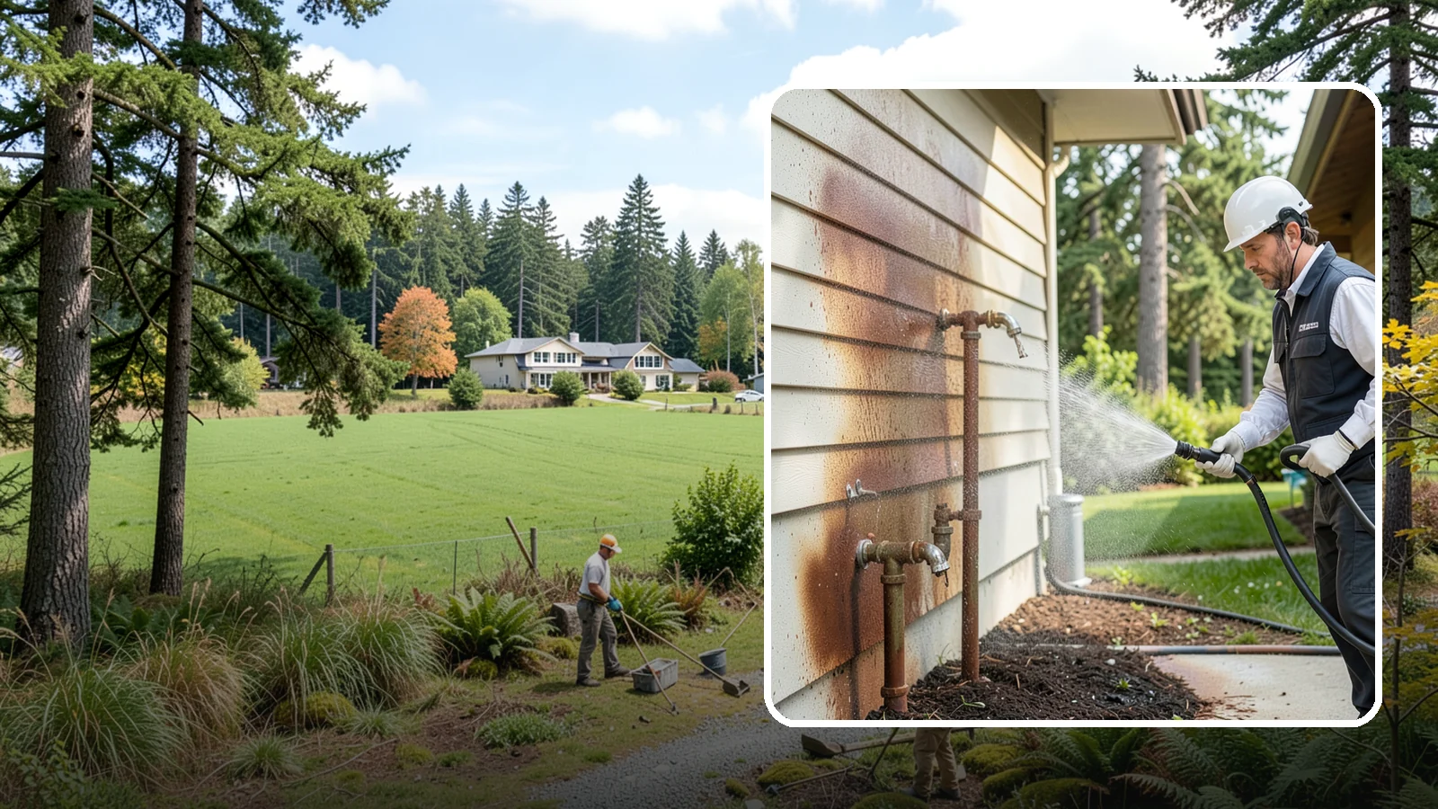Irrigation Rust Removal in Lyman, Skagit County, WA - Removal of rust stains left by sprinklers and iron-rich well water on concrete, siding, and fencing.