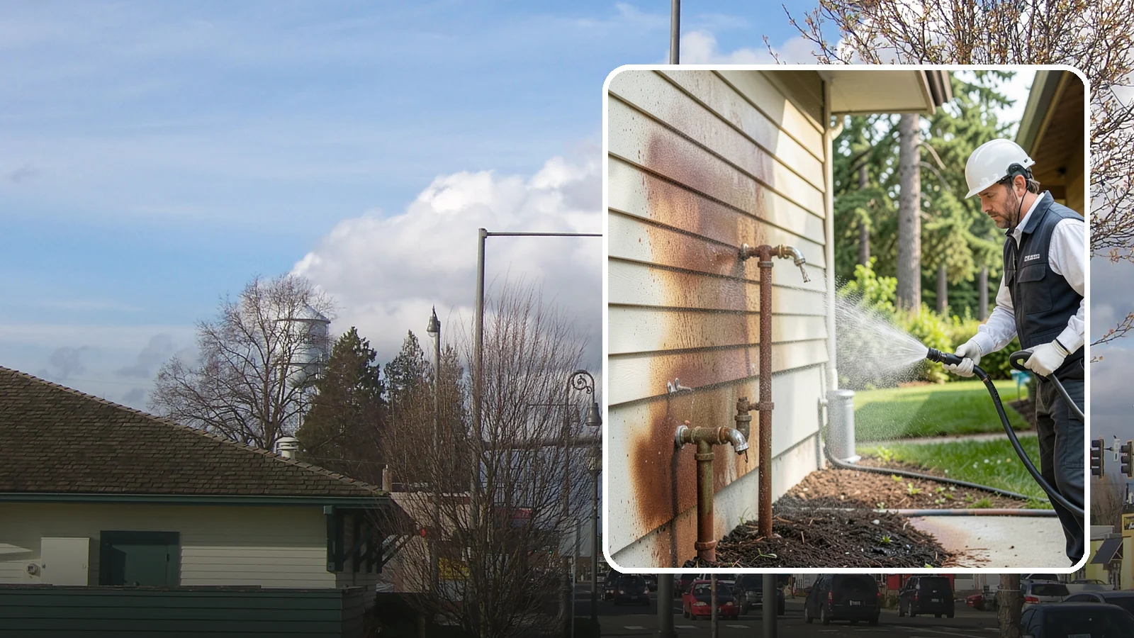 Irrigation Rust Removal in Marysville, Snohomish County, WA - Removal of rust stains left by sprinklers and iron-rich well water on concrete, siding, and fencing.