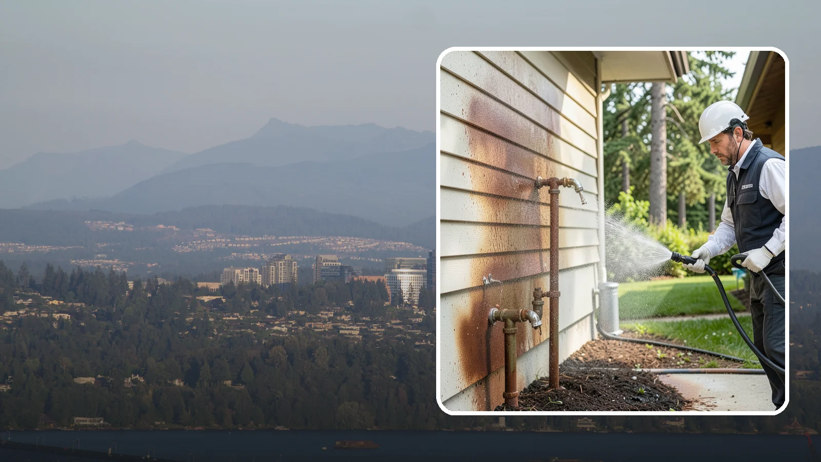 Irrigation Rust Removal in Medina, King County, WA - Removal of rust stains left by sprinklers and iron-rich well water on concrete, siding, and fencing.