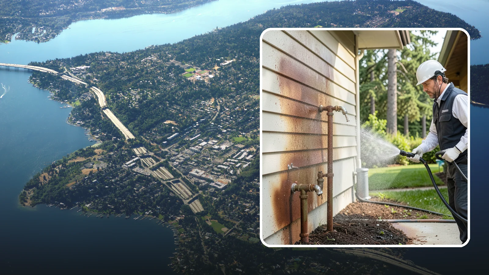 Irrigation Rust Removal in Mercer Island, King County, WA - Removal of rust stains left by sprinklers and iron-rich well water on concrete, siding, and fencing.
