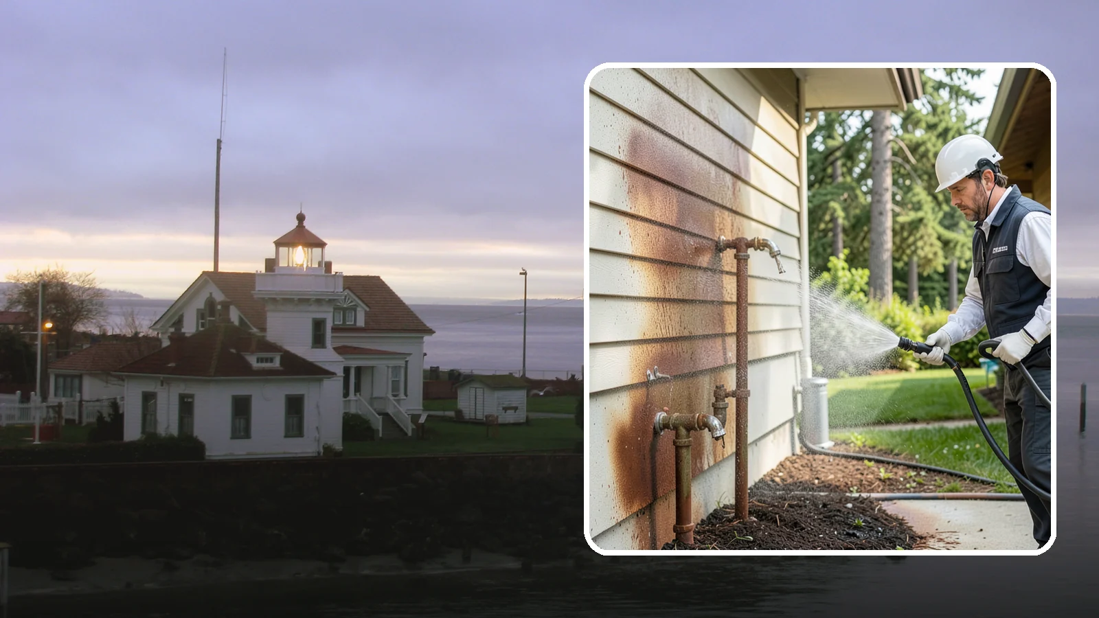 Irrigation Rust Removal in Mukilteo, Snohomish County, WA - Removal of rust stains left by sprinklers and iron-rich well water on concrete, siding, and fencing.