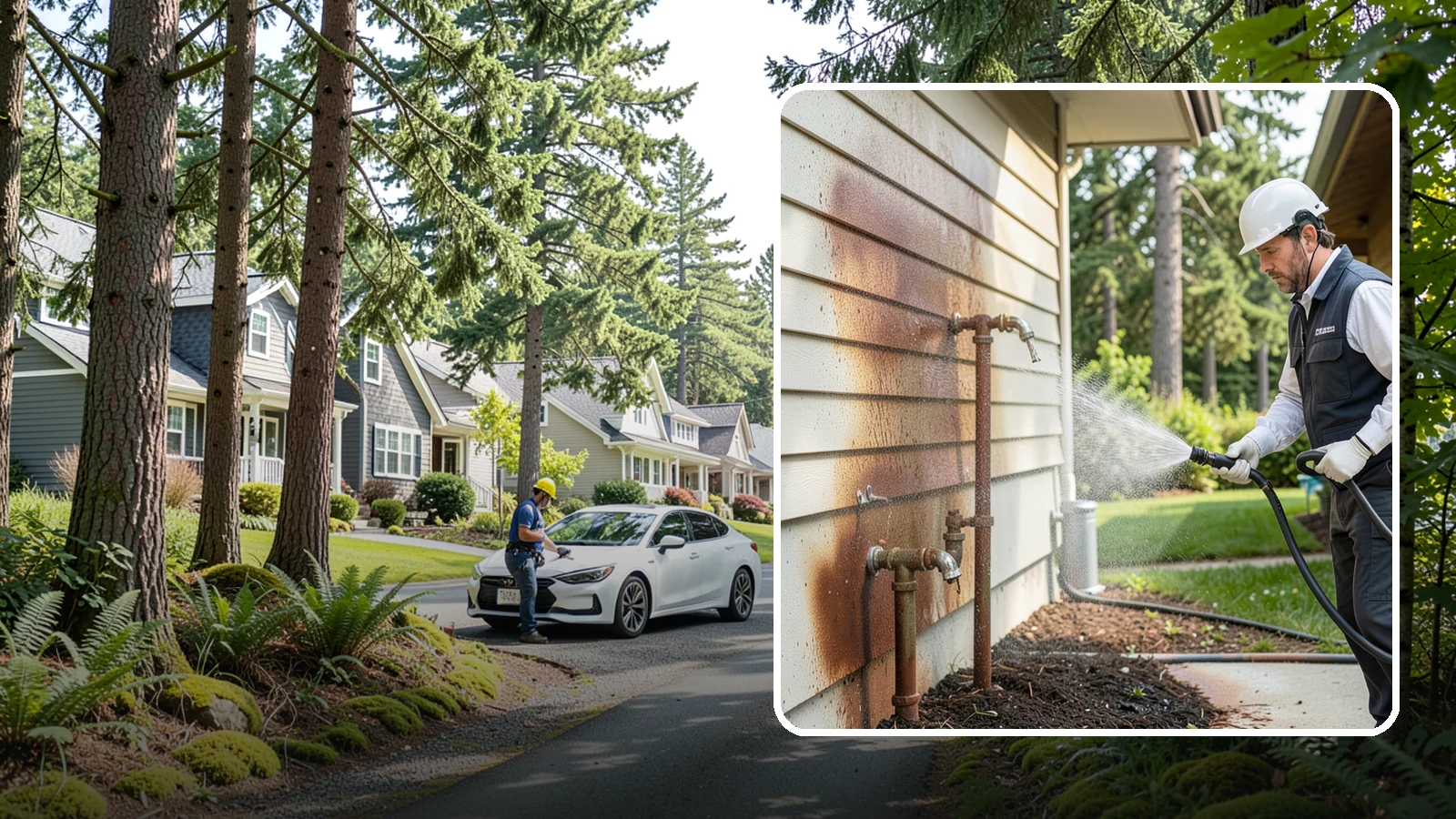 Irrigation Rust Removal in Normandy Park, King County, WA - Removal of rust stains left by sprinklers and iron-rich well water on concrete, siding, and fencing.