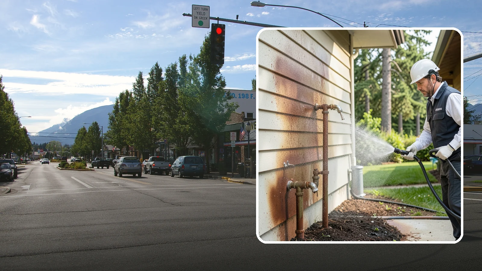 Irrigation Rust Removal in North Bend, King County, WA - Removal of rust stains left by sprinklers and iron-rich well water on concrete, siding, and fencing.