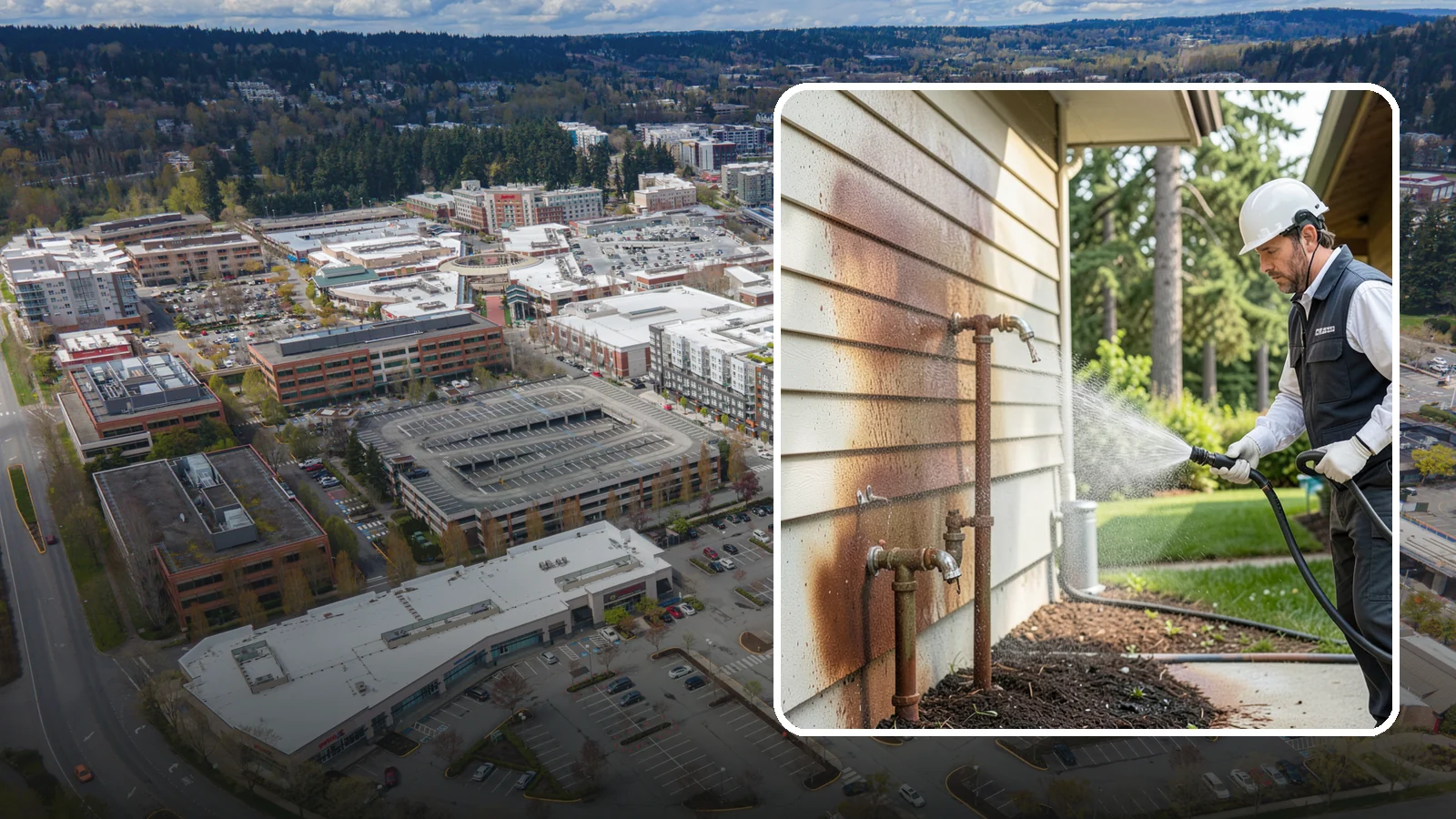 Irrigation Rust Removal in Redmond, King County, WA - Removal of rust stains left by sprinklers and iron-rich well water on concrete, siding, and fencing.