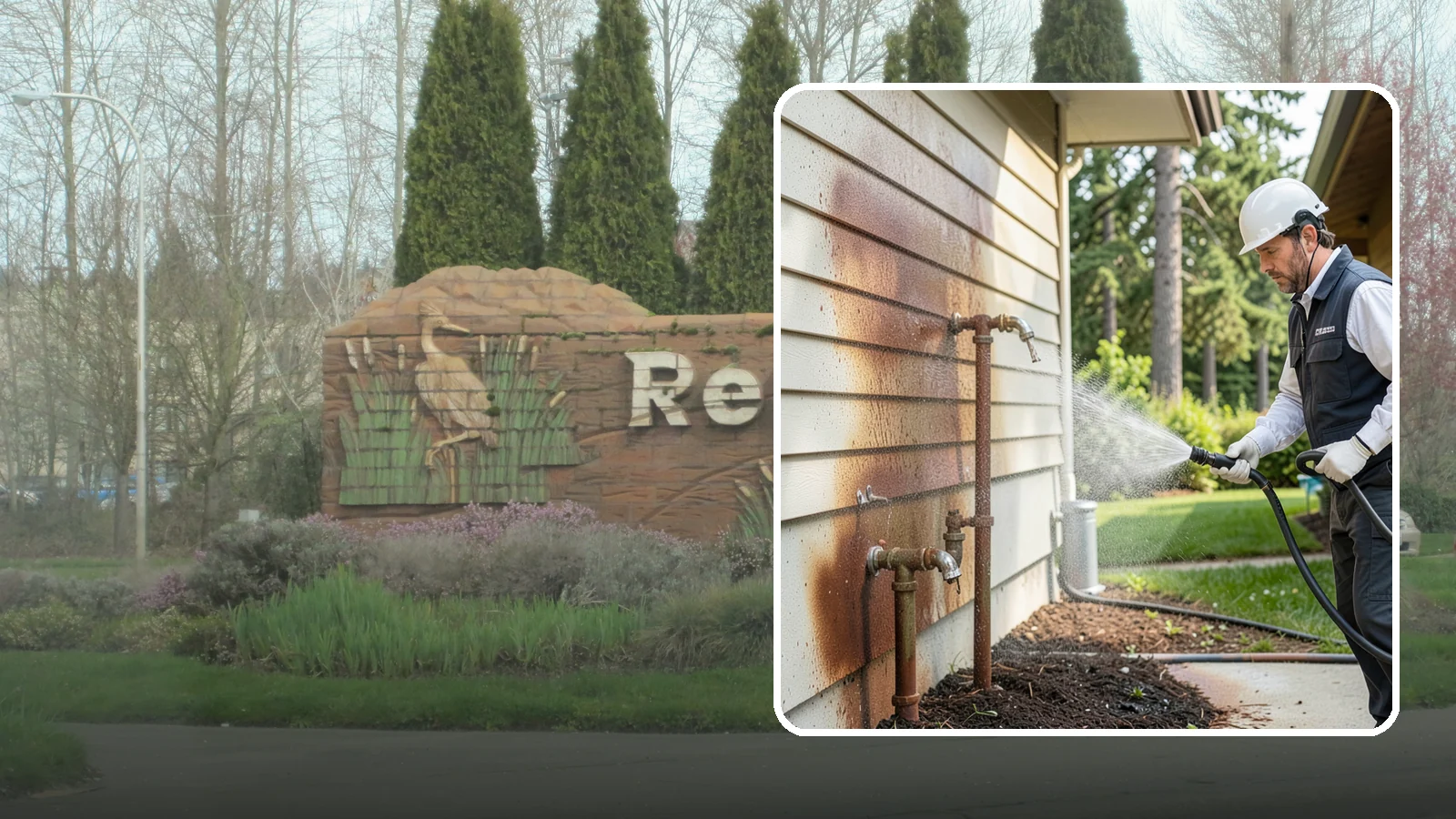 Irrigation Rust Removal in Renton, King County, WA - Removal of rust stains left by sprinklers and iron-rich well water on concrete, siding, and fencing.