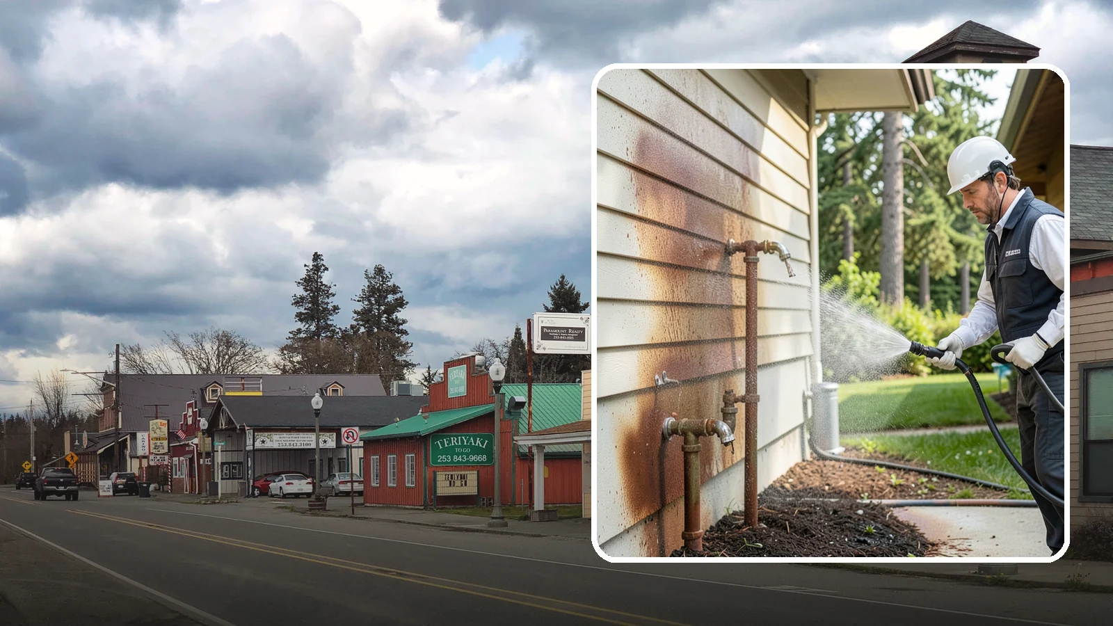 Irrigation Rust Removal in Roy, Pierce County, WA - Removal of rust stains left by sprinklers and iron-rich well water on concrete, siding, and fencing.