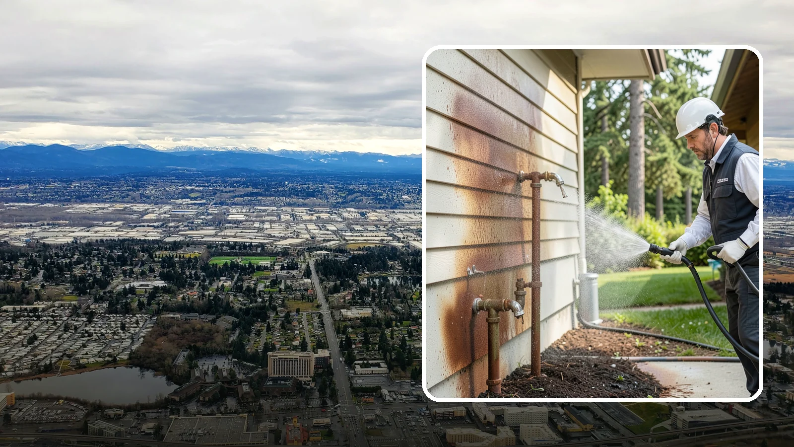 Irrigation Rust Removal in SeaTac, King County, WA - Removal of rust stains left by sprinklers and iron-rich well water on concrete, siding, and fencing.