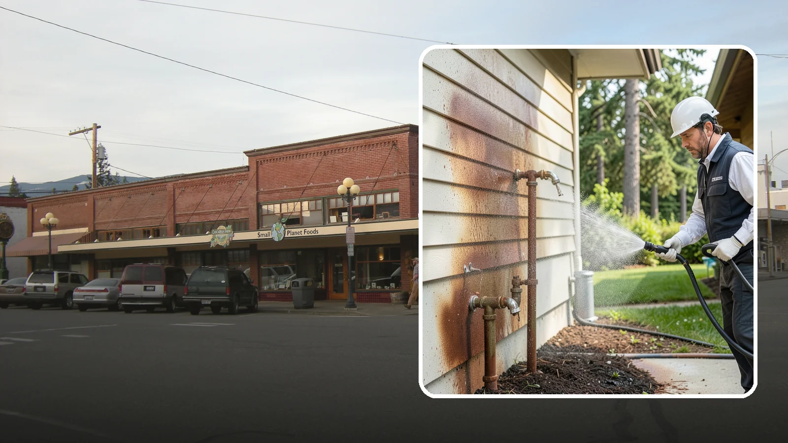 Irrigation Rust Removal in Sedro-Woolley, Skagit County, WA - Removal of rust stains left by sprinklers and iron-rich well water on concrete, siding, and fencing.