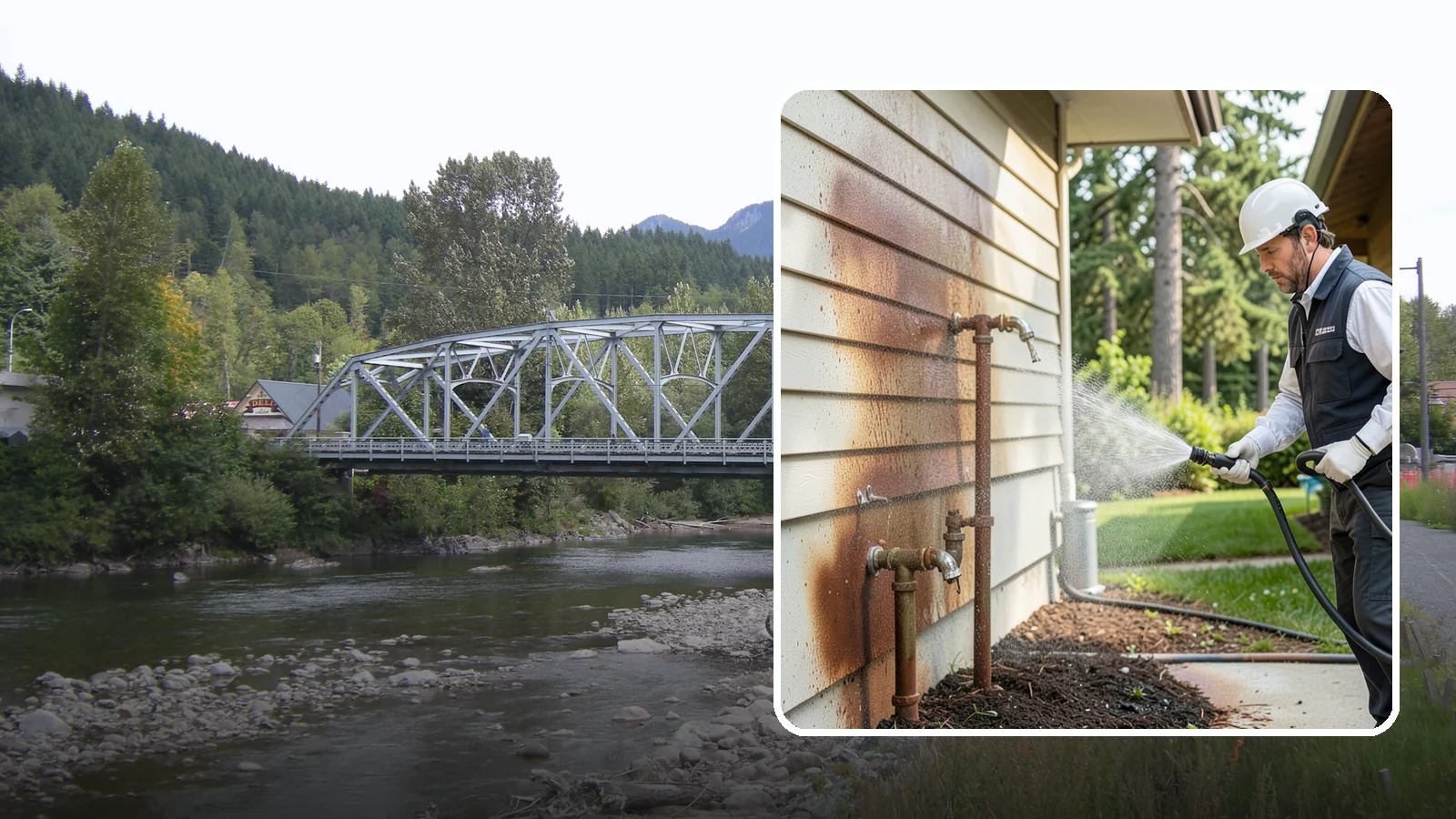 Irrigation Rust Removal in Skykomish, King County, WA - Removal of rust stains left by sprinklers and iron-rich well water on concrete, siding, and fencing.