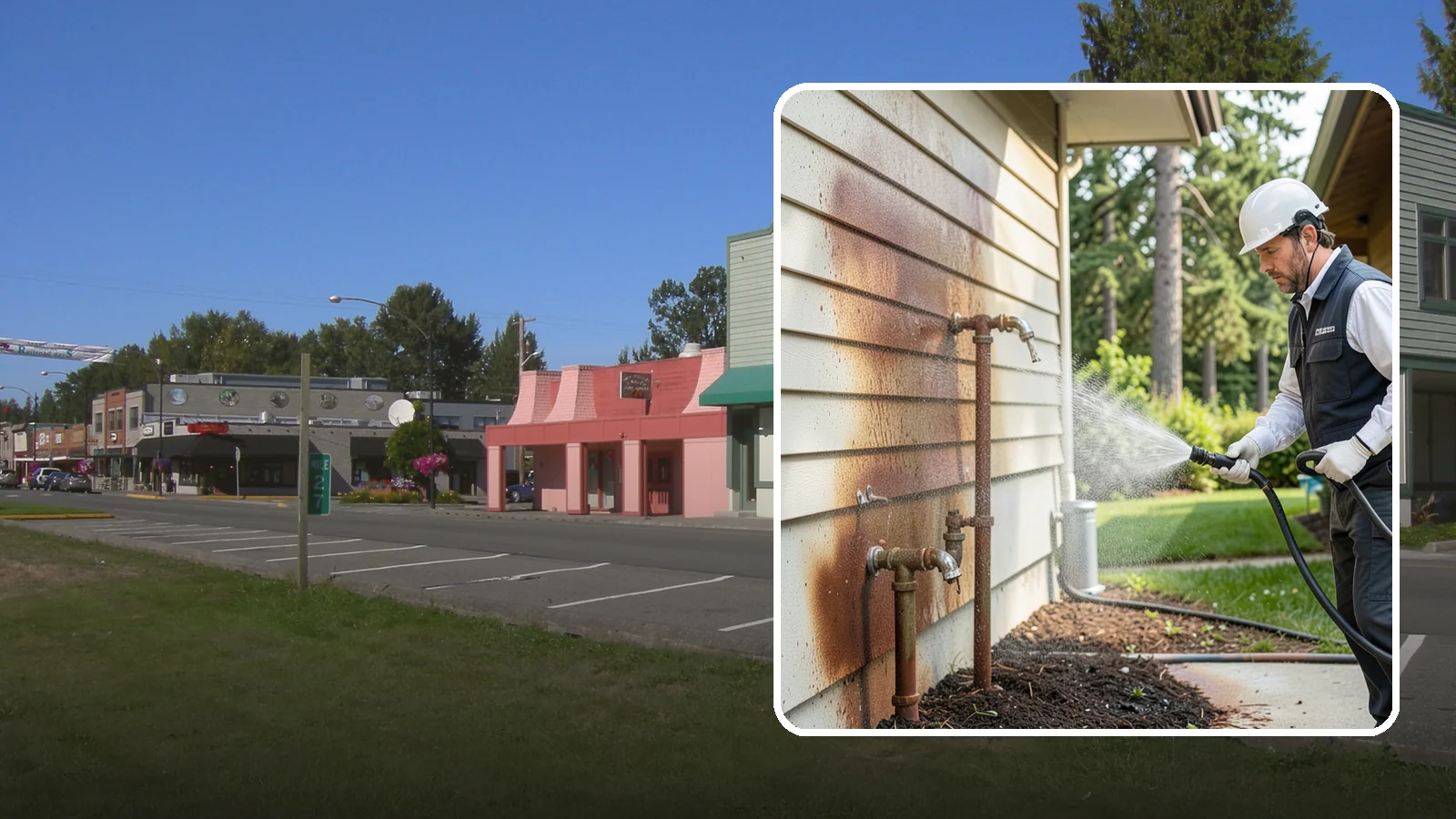 Irrigation Rust Removal in Snoqualmie, King County, WA - Removal of rust stains left by sprinklers and iron-rich well water on concrete, siding, and fencing.