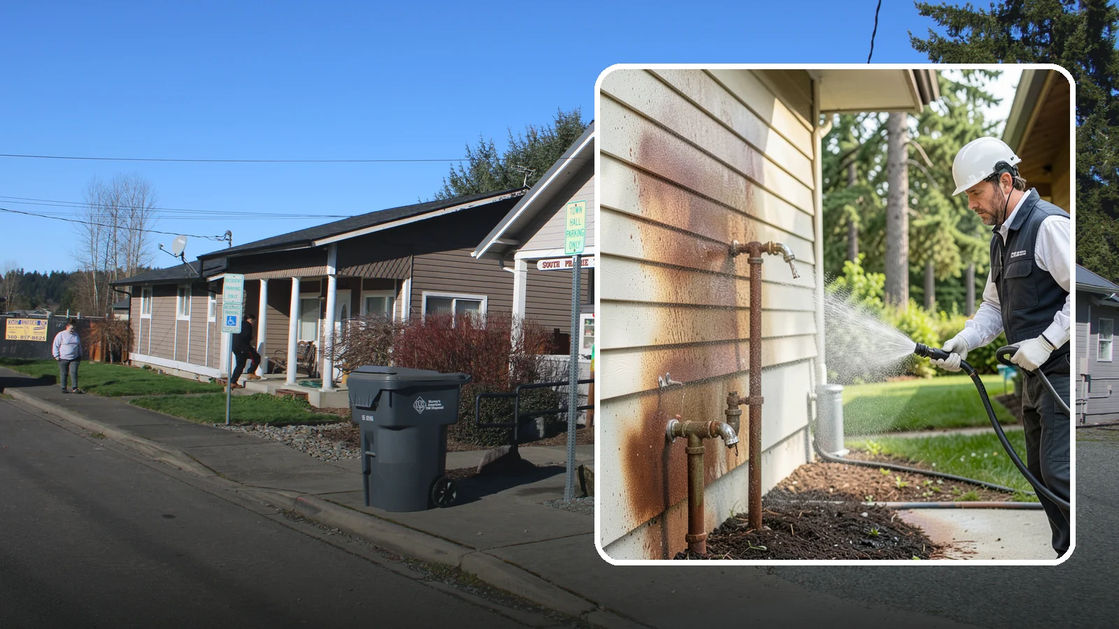 Irrigation Rust Removal in South Prairie, Pierce County, WA - Removal of rust stains left by sprinklers and iron-rich well water on concrete, siding, and fencing.