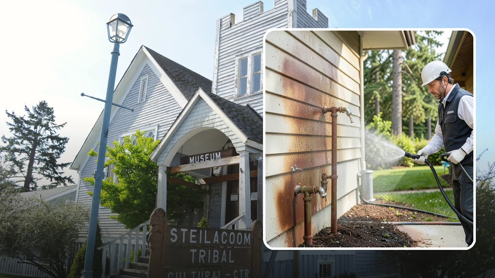 Irrigation Rust Removal in Steilacoom, Pierce County, WA - Removal of rust stains left by sprinklers and iron-rich well water on concrete, siding, and fencing.
