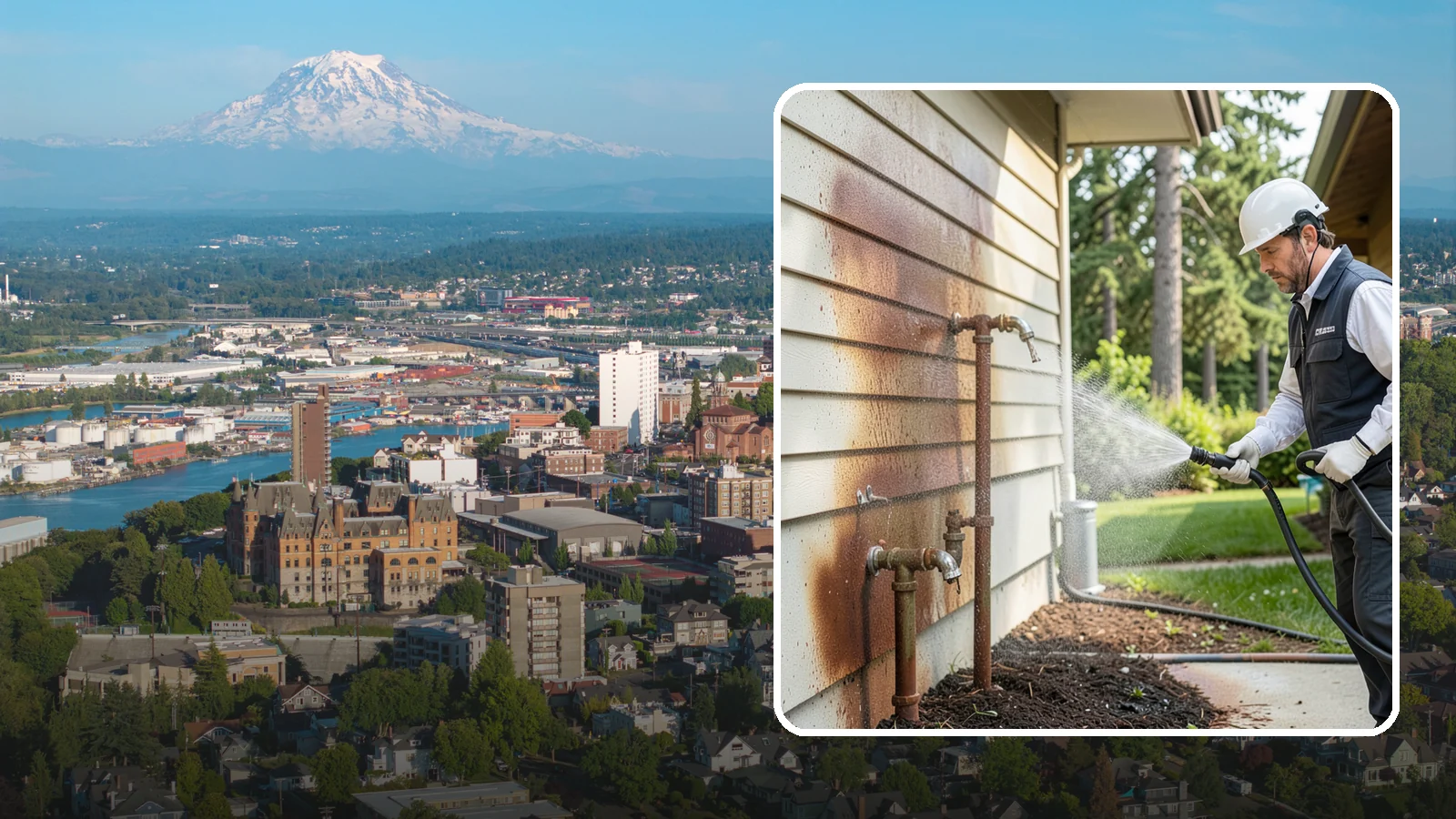 Irrigation Rust Removal in Tacoma, Pierce County, WA - Removal of rust stains left by sprinklers and iron-rich well water on concrete, siding, and fencing.