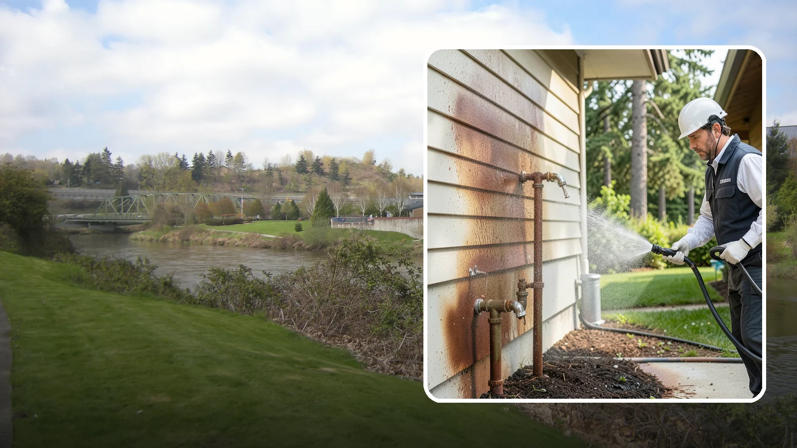 Irrigation Rust Removal in Tukwila, King County, WA - Removal of rust stains left by sprinklers and iron-rich well water on concrete, siding, and fencing.