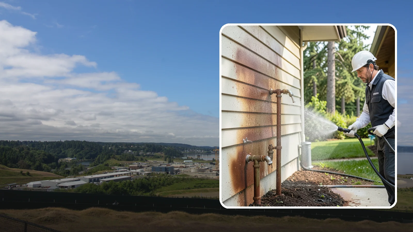 Irrigation Rust Removal in University Place, Pierce County, WA - Removal of rust stains left by sprinklers and iron-rich well water on concrete, siding, and fencing.