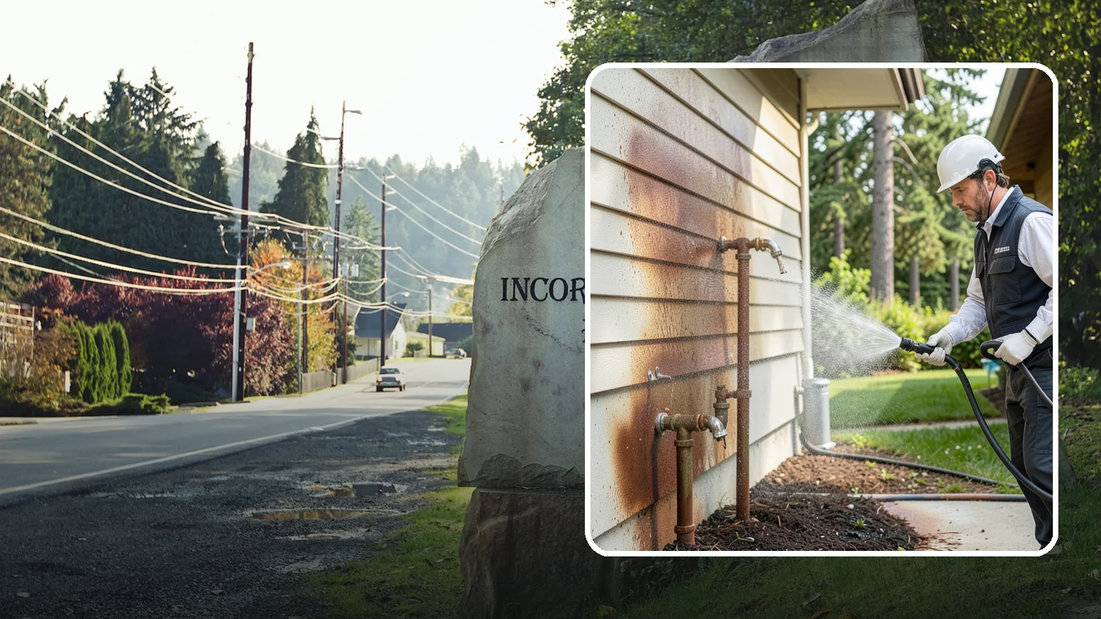Irrigation Rust Removal in Wilkeson, Pierce County, WA - Removal of rust stains left by sprinklers and iron-rich well water on concrete, siding, and fencing.