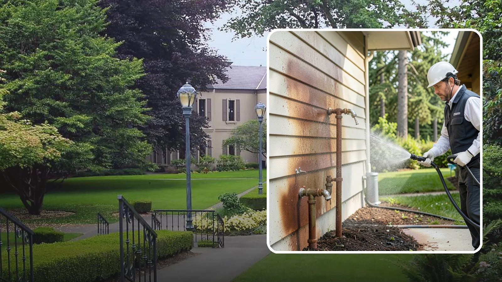 Irrigation Rust Removal in Woodinville, King County, WA - Removal of rust stains left by sprinklers and iron-rich well water on concrete, siding, and fencing.