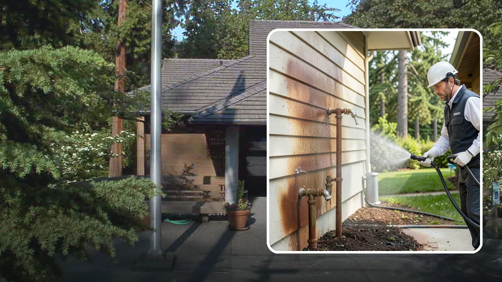 Irrigation Rust Removal in Yarrow Point, King County, WA - Removal of rust stains left by sprinklers and iron-rich well water on concrete, siding, and fencing.