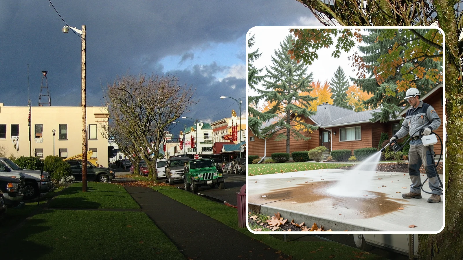 Leaf Stain Removal in Arlington, Snohomish County, WA - Tannin stain removal that lifts the brown leaf and organic staining our heavy tree canopy leaves on hardscapes.