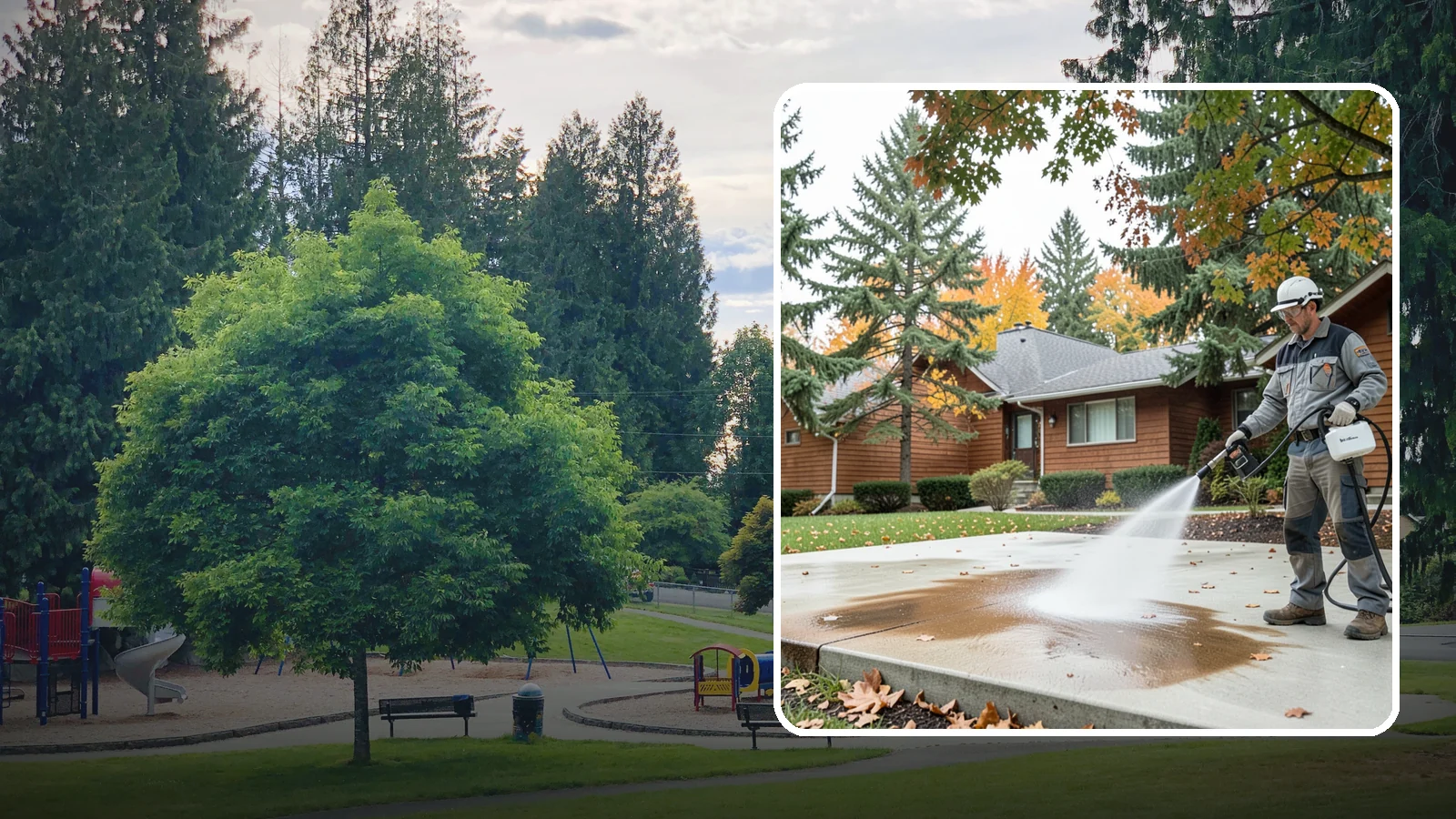 Leaf Stain Removal in Bonney Lake, Pierce County, WA - Tannin stain removal that lifts the brown leaf and organic staining our heavy tree canopy leaves on hardscapes.