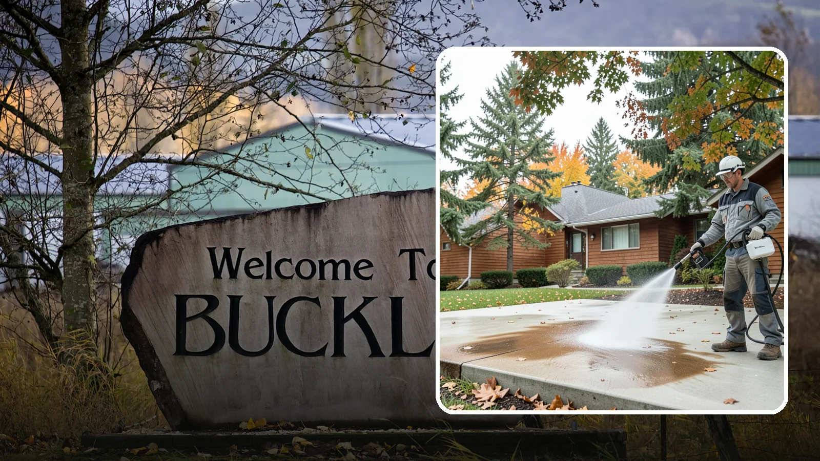 Leaf Stain Removal in Buckley, Pierce County, WA - Tannin stain removal that lifts the brown leaf and organic staining our heavy tree canopy leaves on hardscapes.