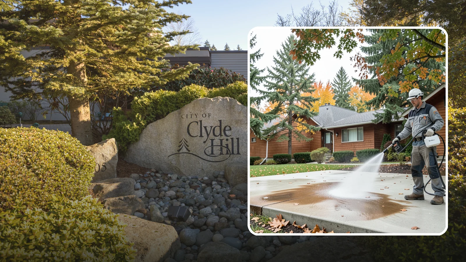 Leaf Stain Removal in Clyde Hill, King County, WA - Tannin stain removal that lifts the brown leaf and organic staining our heavy tree canopy leaves on hardscapes.