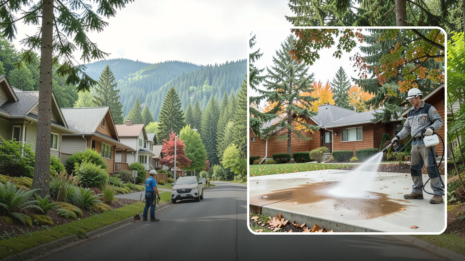 Leaf Stain Removal in Darrington, Snohomish County, WA - Tannin stain removal that lifts the brown leaf and organic staining our heavy tree canopy leaves on hardscapes.