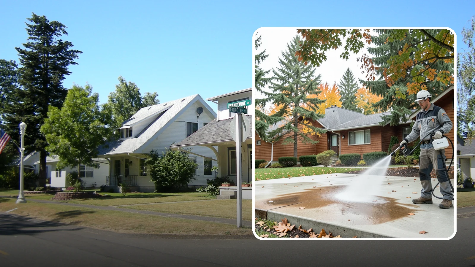 Leaf Stain Removal in DuPont, Pierce County, WA - Tannin stain removal that lifts the brown leaf and organic staining our heavy tree canopy leaves on hardscapes.
