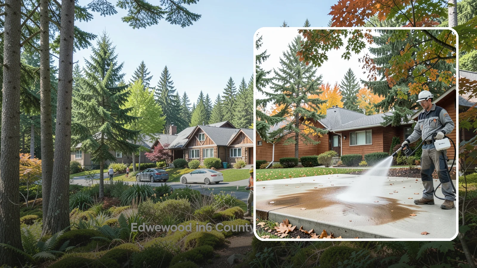 Leaf Stain Removal in Edgewood, Pierce County, WA - Tannin stain removal that lifts the brown leaf and organic staining our heavy tree canopy leaves on hardscapes.