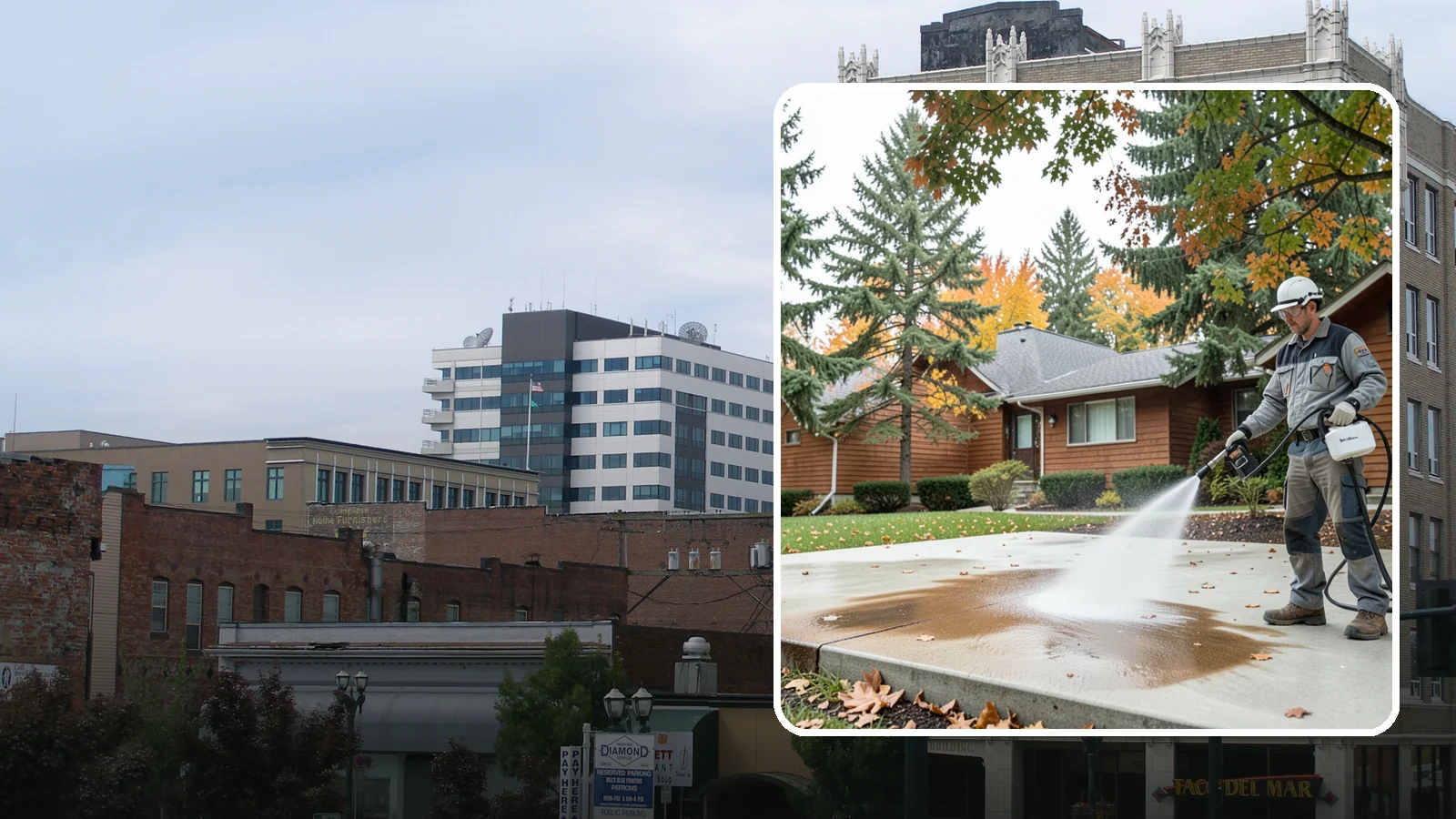 Leaf Stain Removal in Everett, Snohomish County, WA - Tannin stain removal that lifts the brown leaf and organic staining our heavy tree canopy leaves on hardscapes.