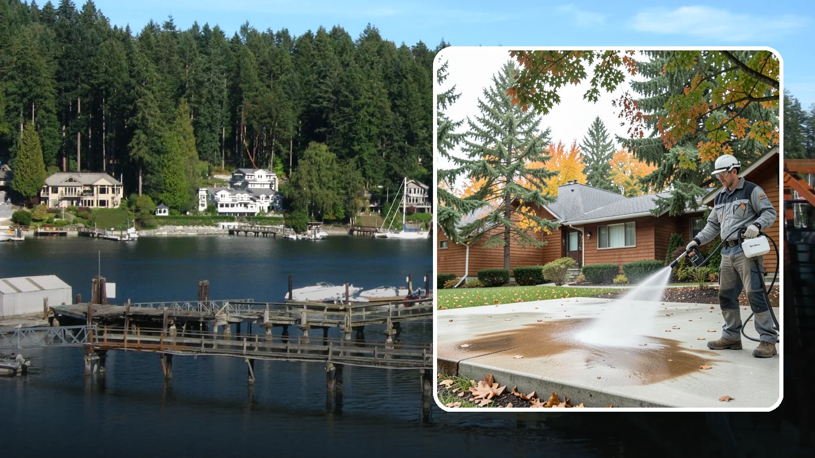 Leaf Stain Removal in Gig Harbor, Pierce County, WA - Tannin stain removal that lifts the brown leaf and organic staining our heavy tree canopy leaves on hardscapes.