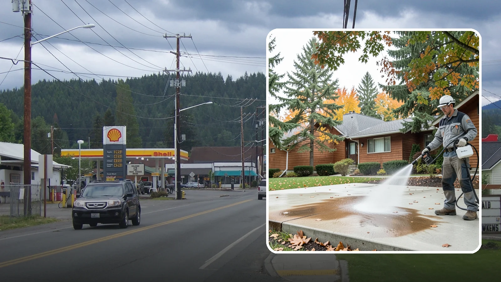 Leaf Stain Removal in Granite Falls, Snohomish County, WA - Tannin stain removal that lifts the brown leaf and organic staining our heavy tree canopy leaves on hardscapes.