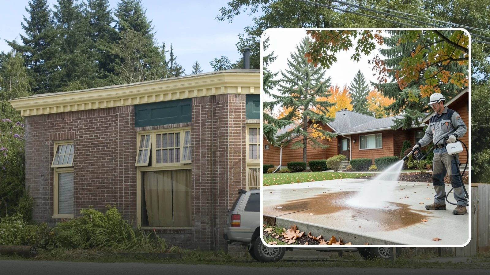 Leaf Stain Removal in Hamilton, Skagit County, WA - Tannin stain removal that lifts the brown leaf and organic staining our heavy tree canopy leaves on hardscapes.