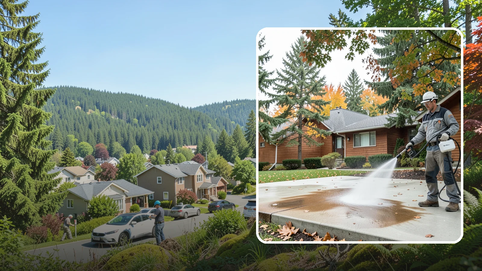Leaf Stain Removal in Index, Snohomish County, WA - Tannin stain removal that lifts the brown leaf and organic staining our heavy tree canopy leaves on hardscapes.