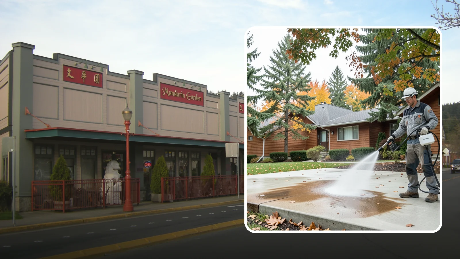 Leaf Stain Removal in Issaquah, King County, WA - Tannin stain removal that lifts the brown leaf and organic staining our heavy tree canopy leaves on hardscapes.