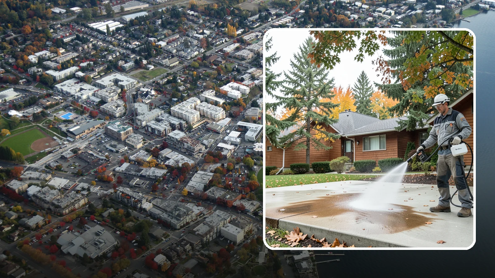 Leaf Stain Removal in Kirkland, King County, WA - Tannin stain removal that lifts the brown leaf and organic staining our heavy tree canopy leaves on hardscapes.