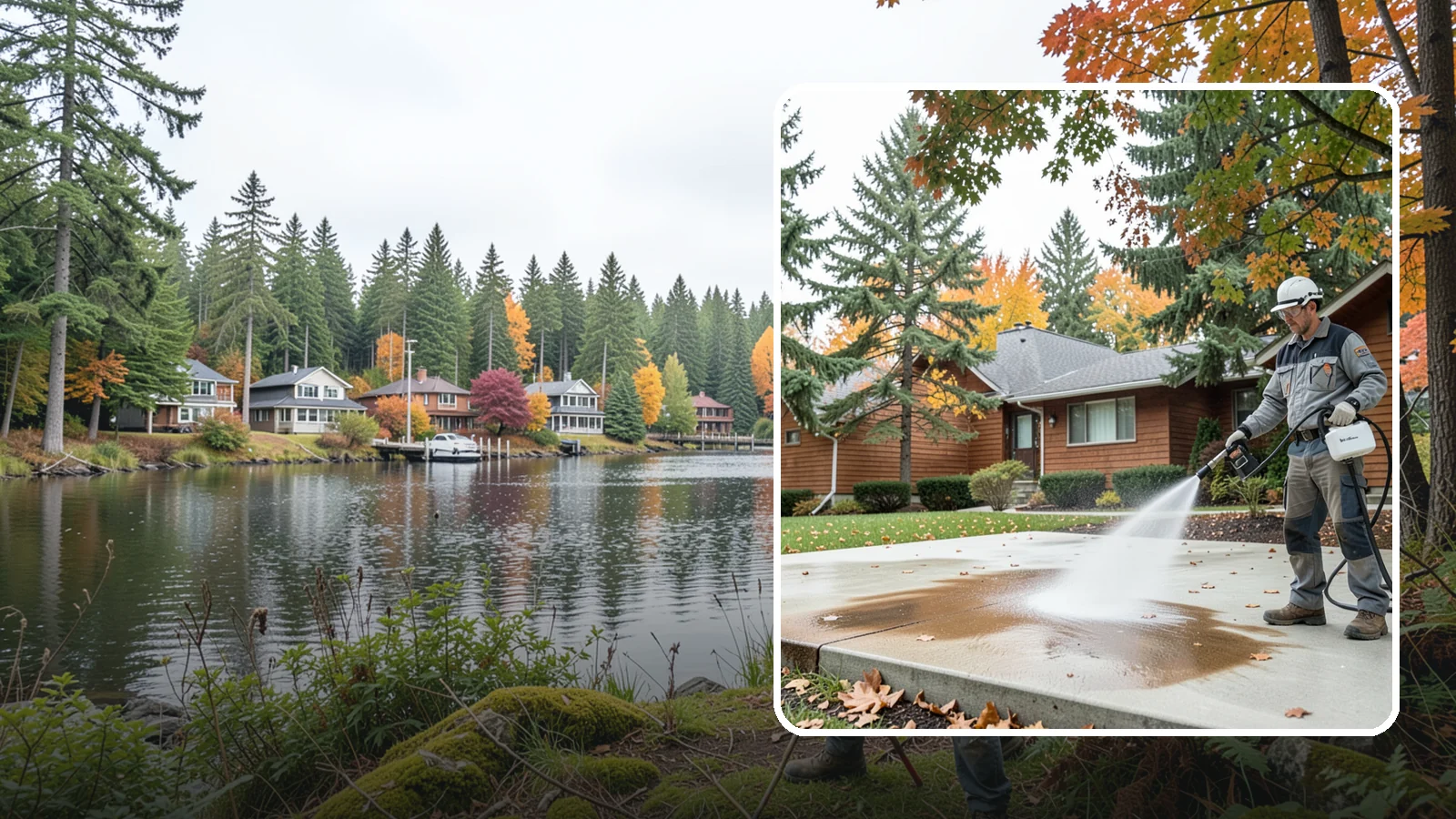 Leaf Stain Removal in La Conner, Skagit County, WA - Tannin stain removal that lifts the brown leaf and organic staining our heavy tree canopy leaves on hardscapes.