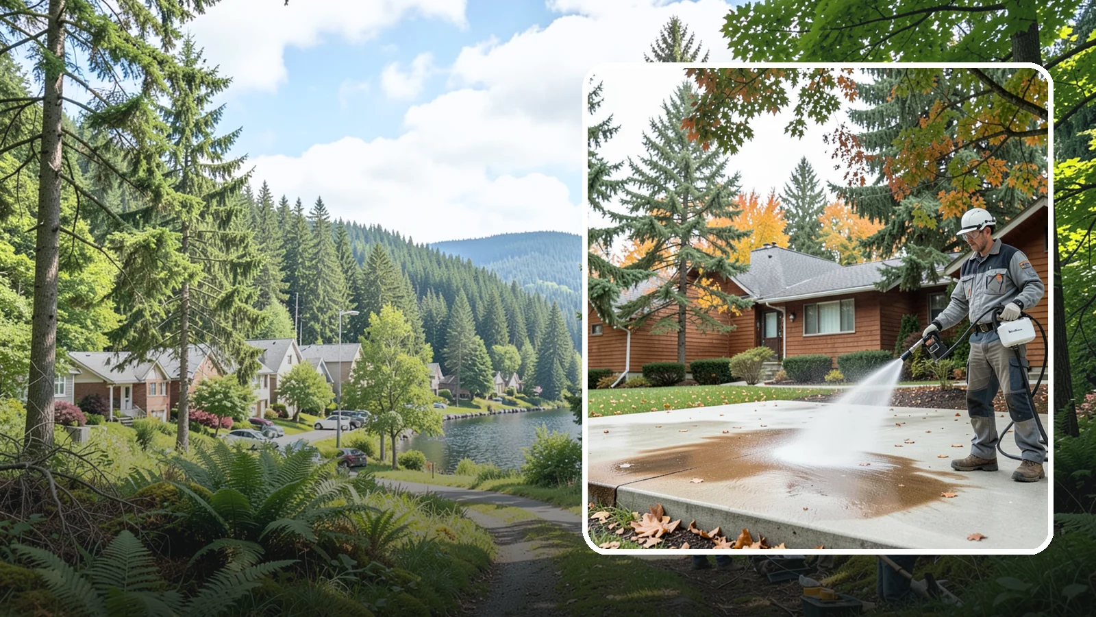 Leaf Stain Removal in Lake Forest Park, King County, WA - Tannin stain removal that lifts the brown leaf and organic staining our heavy tree canopy leaves on hardscapes.