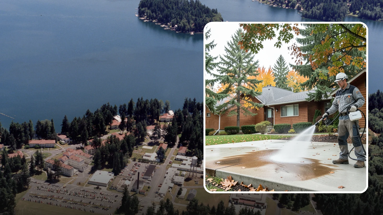 Leaf Stain Removal in Lakewood, Pierce County, WA - Tannin stain removal that lifts the brown leaf and organic staining our heavy tree canopy leaves on hardscapes.
