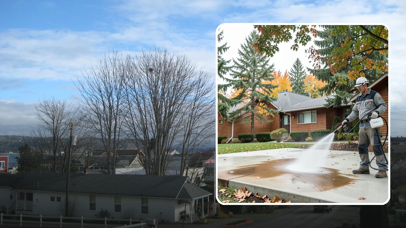 Leaf Stain Removal in Langley, Island County, WA - Tannin stain removal that lifts the brown leaf and organic staining our heavy tree canopy leaves on hardscapes.
