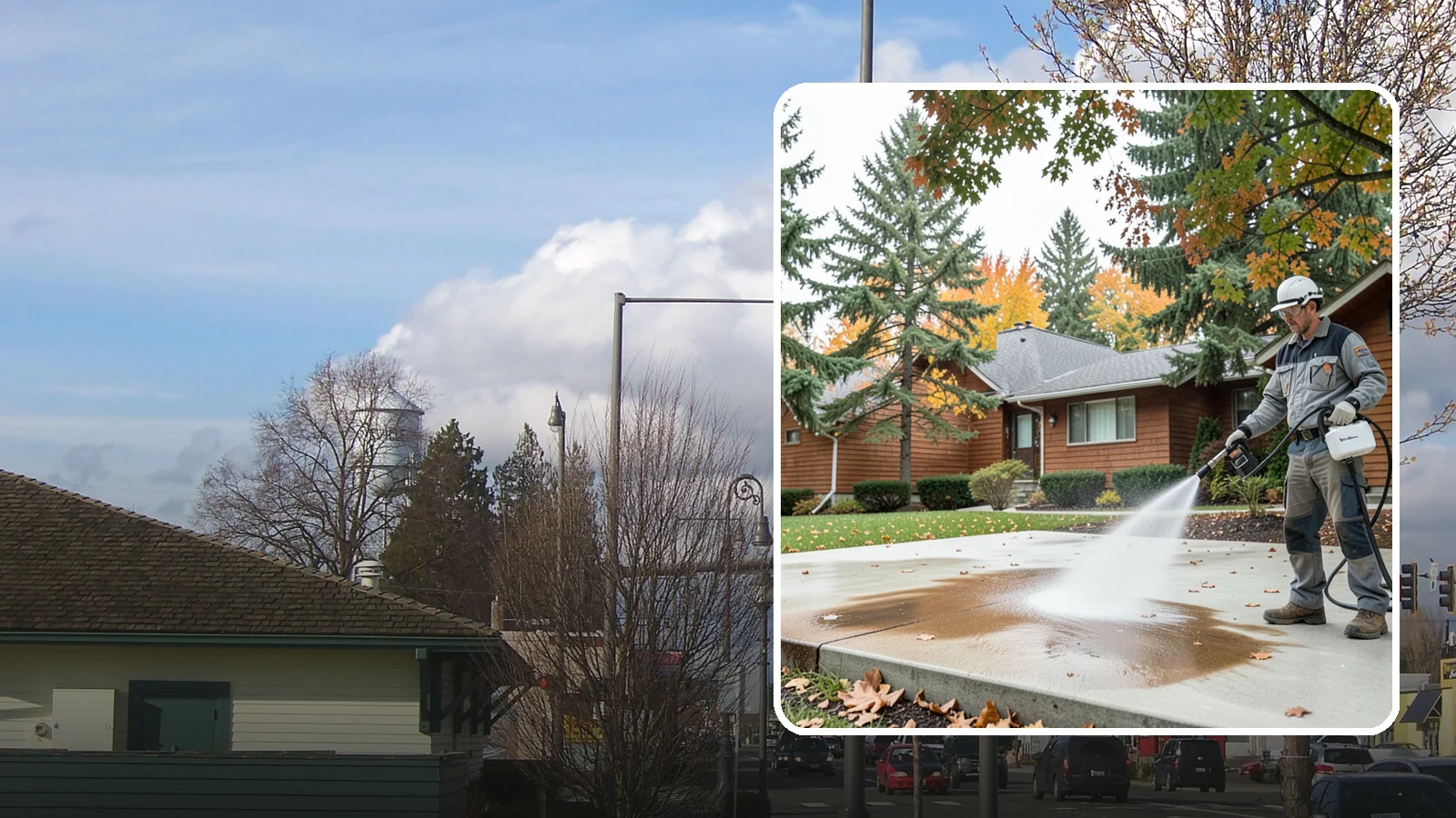 Leaf Stain Removal in Marysville, Snohomish County, WA - Tannin stain removal that lifts the brown leaf and organic staining our heavy tree canopy leaves on hardscapes.