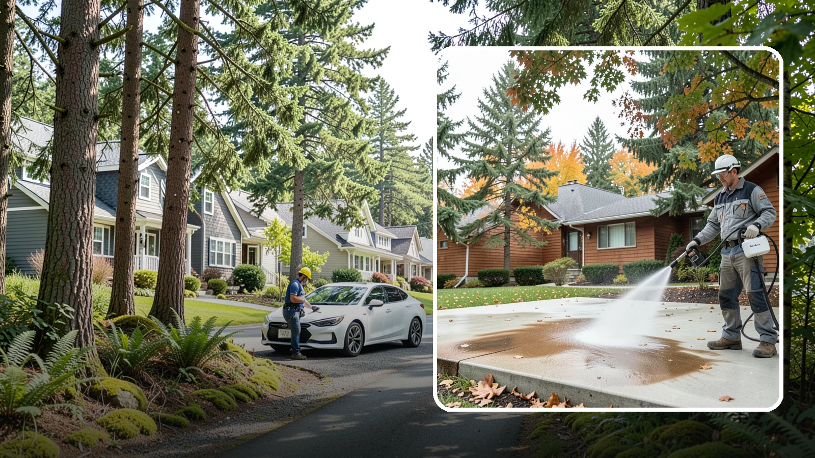 Leaf Stain Removal in Normandy Park, King County, WA - Tannin stain removal that lifts the brown leaf and organic staining our heavy tree canopy leaves on hardscapes.