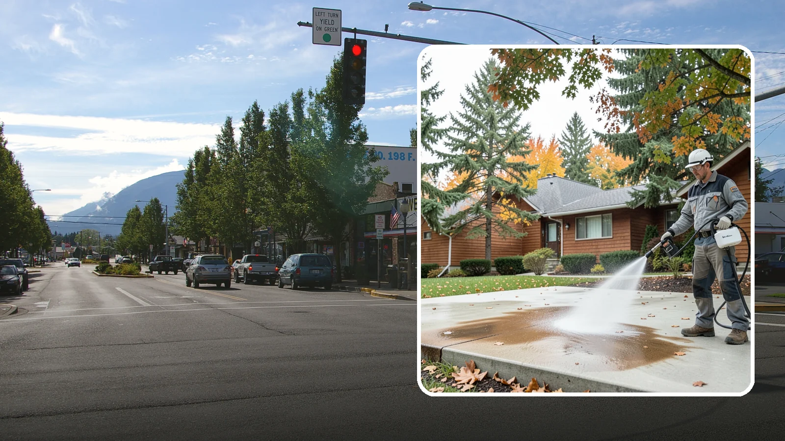 Leaf Stain Removal in North Bend, King County, WA - Tannin stain removal that lifts the brown leaf and organic staining our heavy tree canopy leaves on hardscapes.