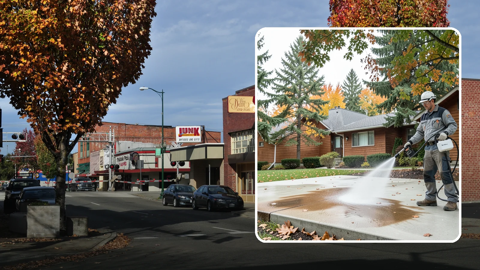 Leaf Stain Removal in Puyallup, Pierce County, WA - Tannin stain removal that lifts the brown leaf and organic staining our heavy tree canopy leaves on hardscapes.