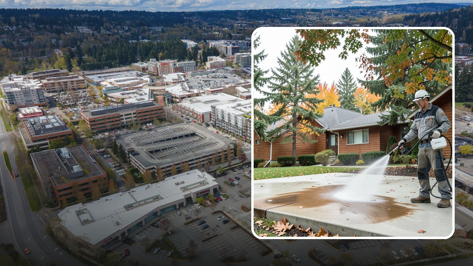 Leaf Stain Removal in Redmond, King County, WA - Tannin stain removal that lifts the brown leaf and organic staining our heavy tree canopy leaves on hardscapes.