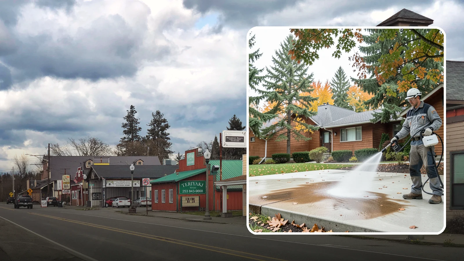 Leaf Stain Removal in Roy, Pierce County, WA - Tannin stain removal that lifts the brown leaf and organic staining our heavy tree canopy leaves on hardscapes.