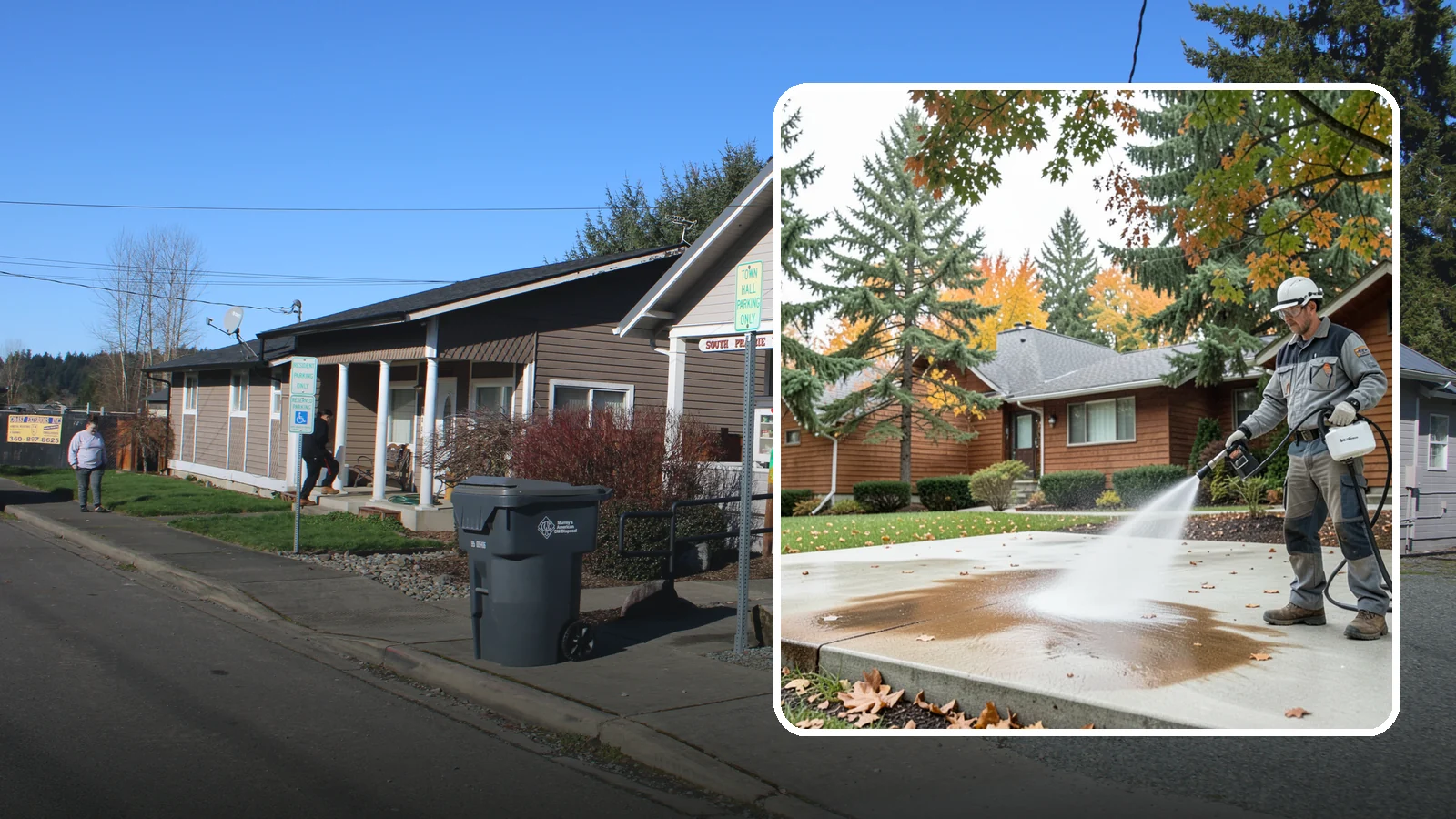 Leaf Stain Removal in South Prairie, Pierce County, WA - Tannin stain removal that lifts the brown leaf and organic staining our heavy tree canopy leaves on hardscapes.