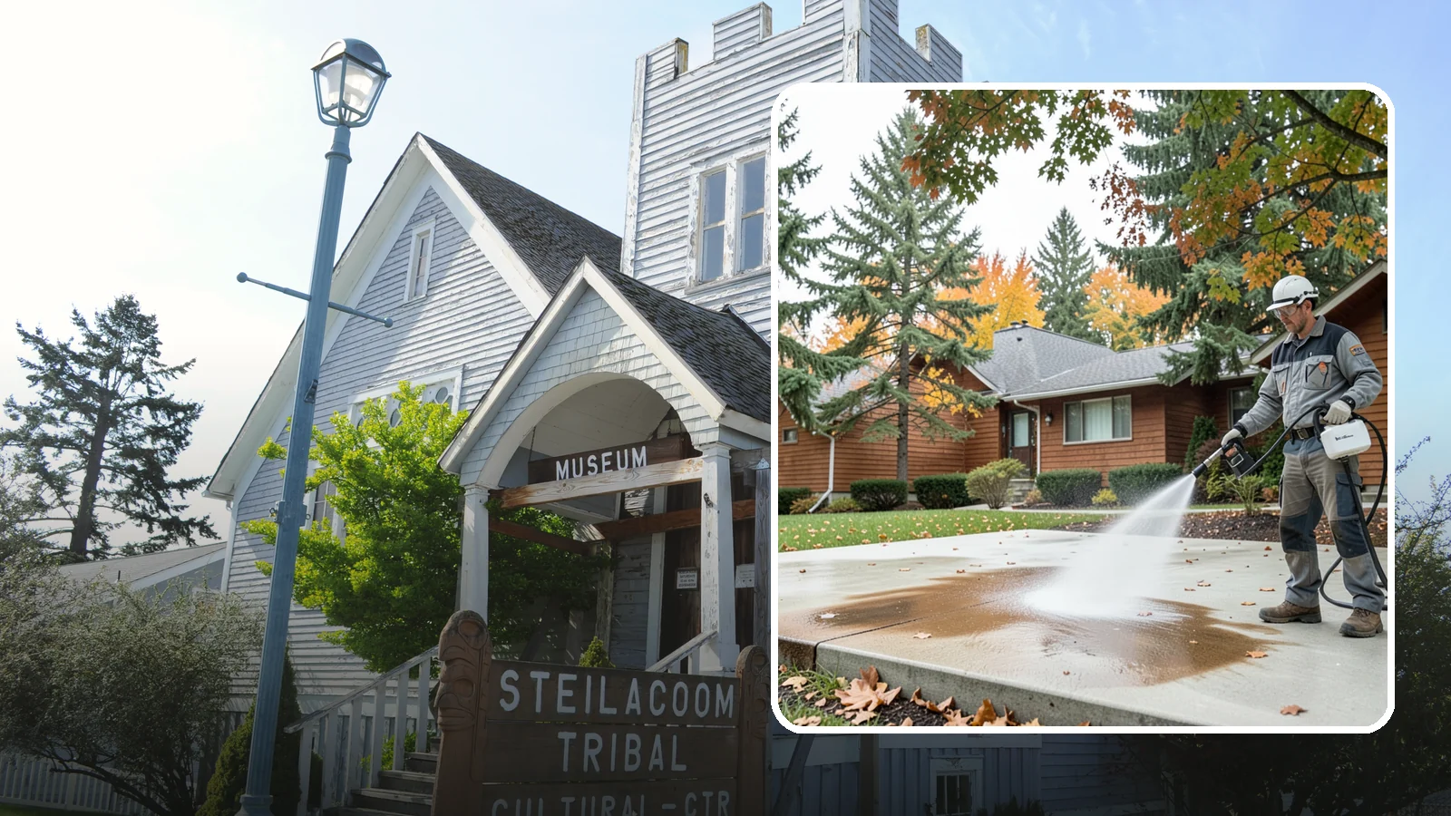 Leaf Stain Removal in Steilacoom, Pierce County, WA - Tannin stain removal that lifts the brown leaf and organic staining our heavy tree canopy leaves on hardscapes.